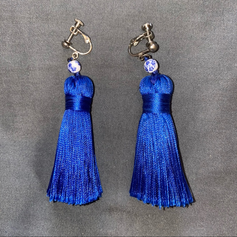 Clip-On Blue Tassel Earrings Handmade